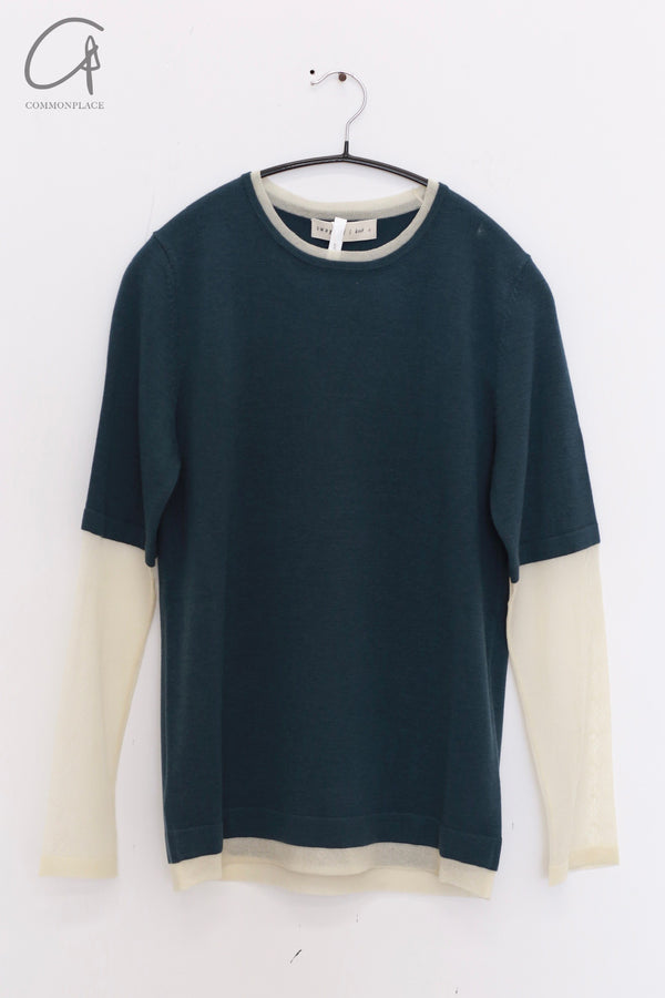 SWAYING 25 Early Spring Silk Wool Splicing Long Sleeve T-Shirt SW-SW25PS1T05-GL Ancient Blue